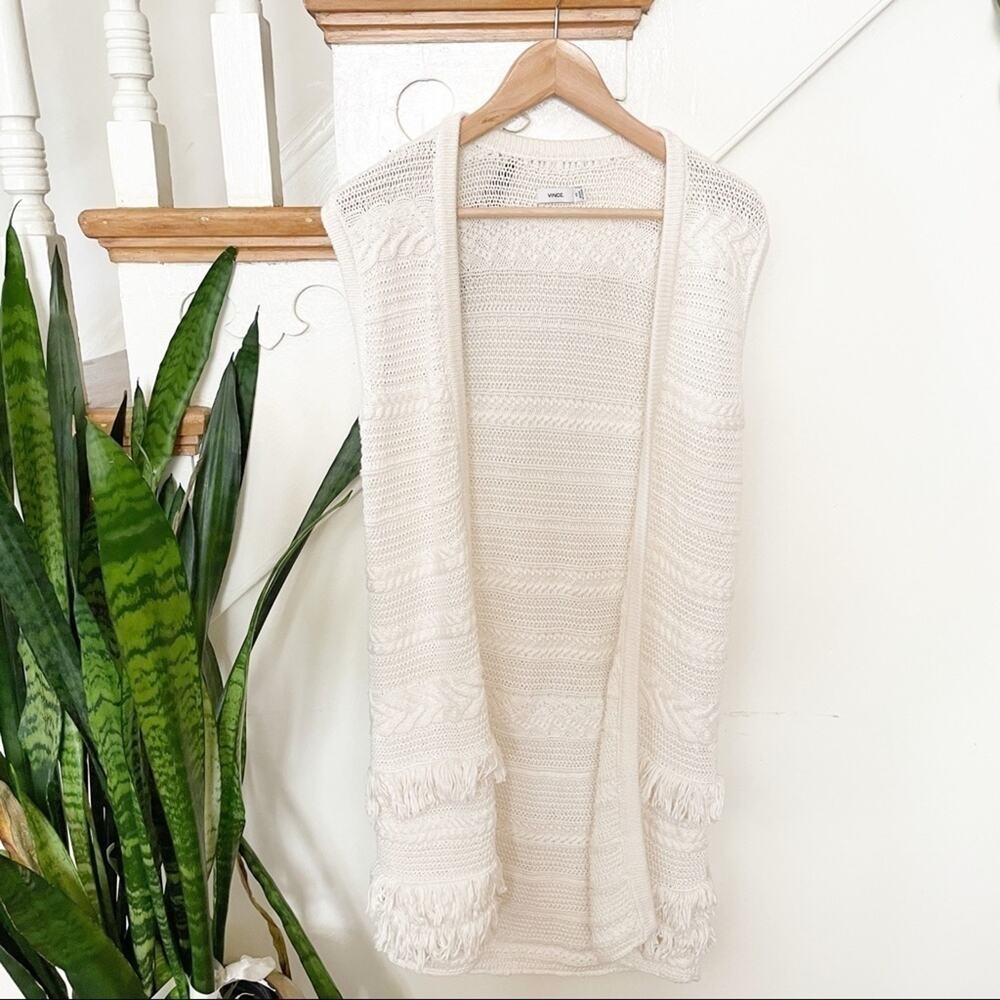 Vince White Cotton Fringe Boho Cable-Knit Sweater Vest Size X-Small